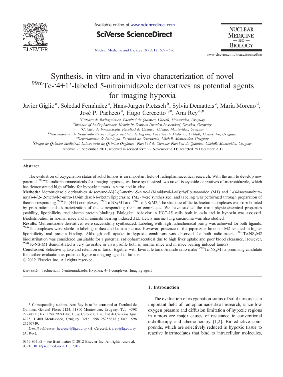 Synthesis, in vitro and in vivo characterization of novel 99mTc-‘4+1’-labeled 5-nitroimidazole derivatives as potential agents for imaging hypoxia