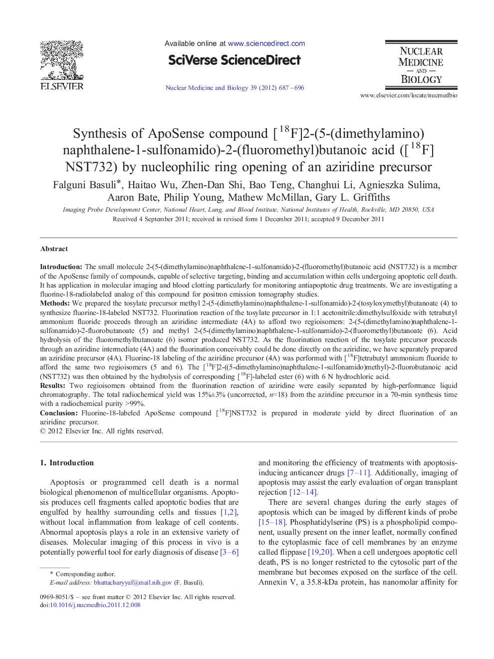 Synthesis of ApoSense compound [18F]2-(5-(dimethylamino)naphthalene-1-sulfonamido)-2-(fluoromethyl)butanoic acid ([18F]NST732) by nucleophilic ring opening of an aziridine precursor