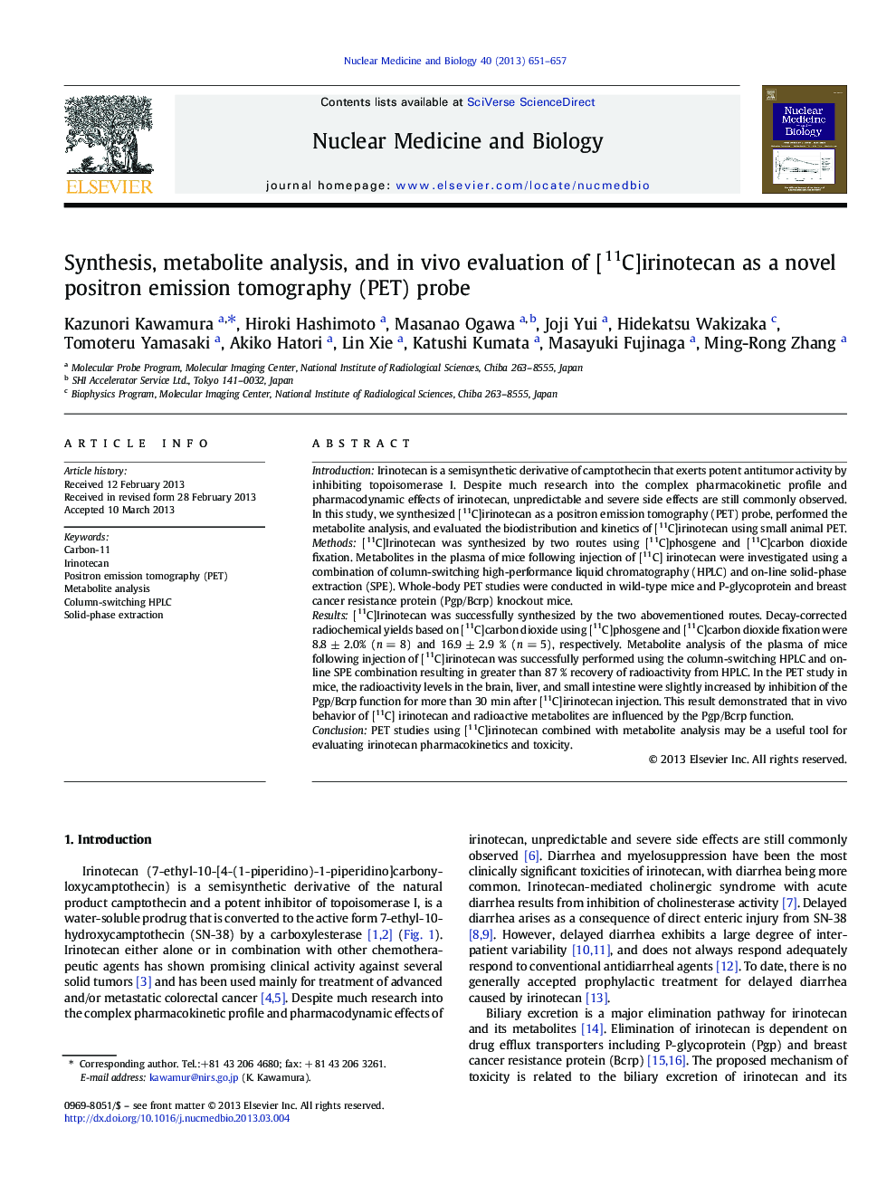 Synthesis, metabolite analysis, and in vivo evaluation of [11C]irinotecan as a novel positron emission tomography (PET) probe