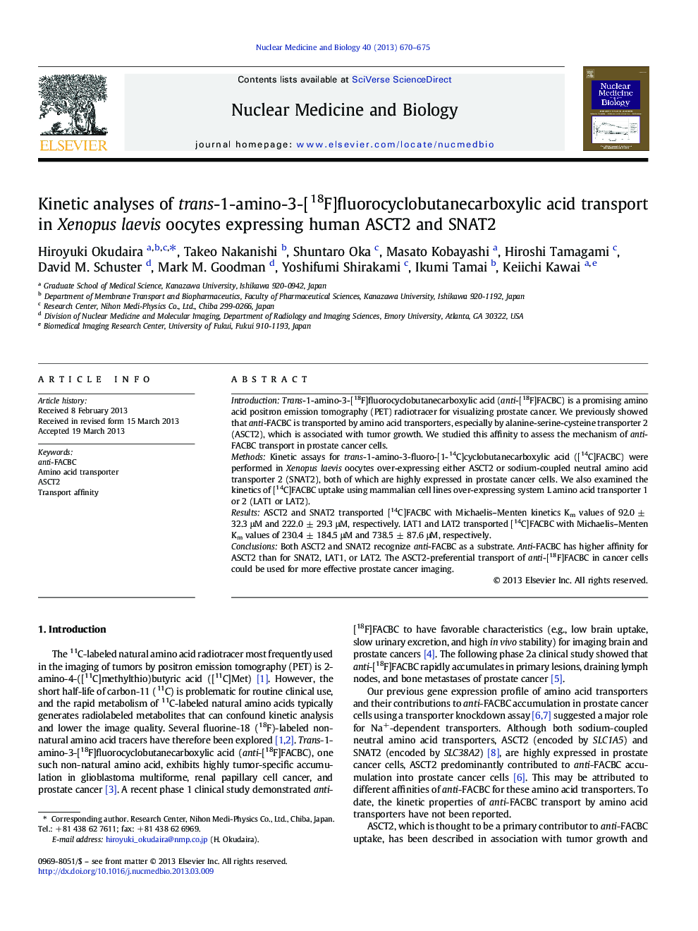 Kinetic analyses of trans-1-amino-3-[18F]fluorocyclobutanecarboxylic acid transport in Xenopus laevis oocytes expressing human ASCT2 and SNAT2