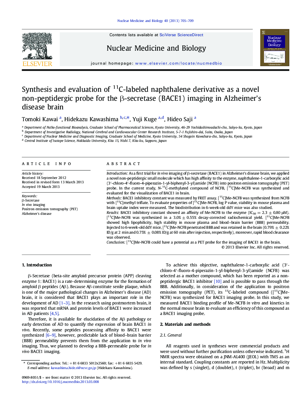 Synthesis and evaluation of 11C-labeled naphthalene derivative as a novel non-peptidergic probe for the β-secretase (BACE1) imaging in Alzheimer's disease brain