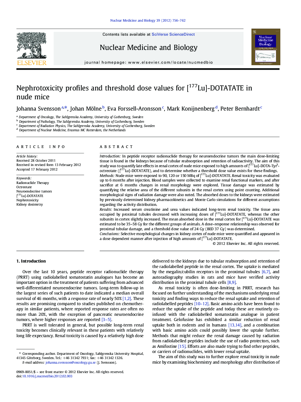 Nephrotoxicity profiles and threshold dose values for [177Lu]-DOTATATE in nude mice