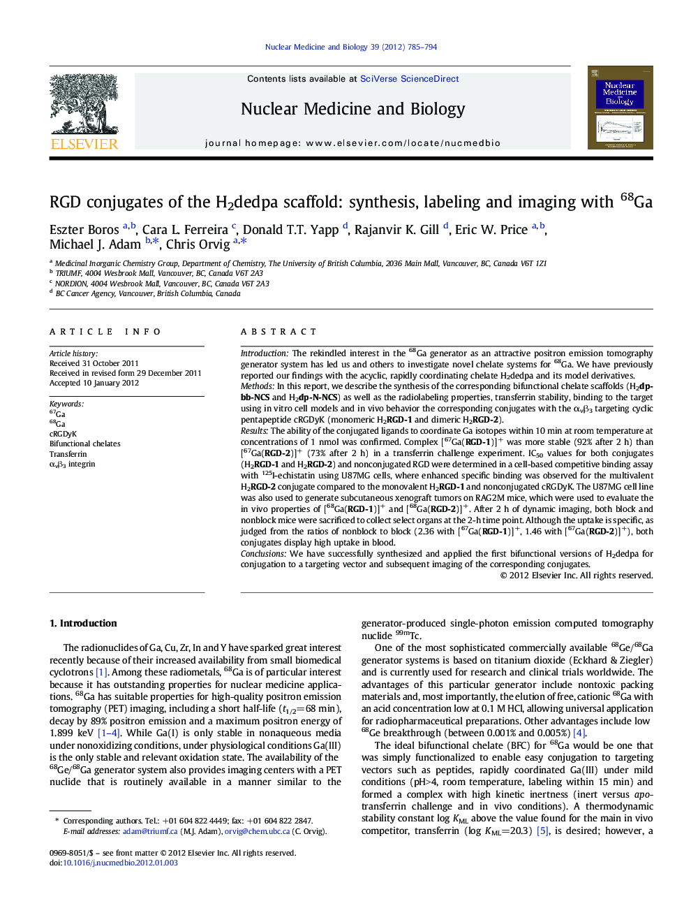 RGD conjugates of the H2dedpa scaffold: synthesis, labeling and imaging with 68Ga