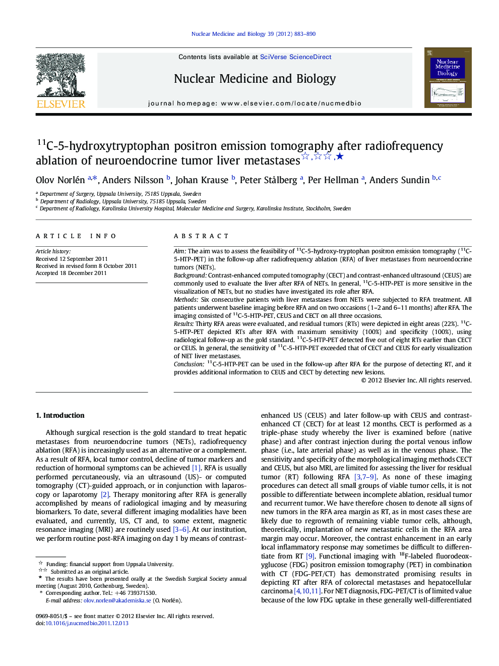 11C-5-hydroxytryptophan positron emission tomography after radiofrequency ablation of neuroendocrine tumor liver metastases ★