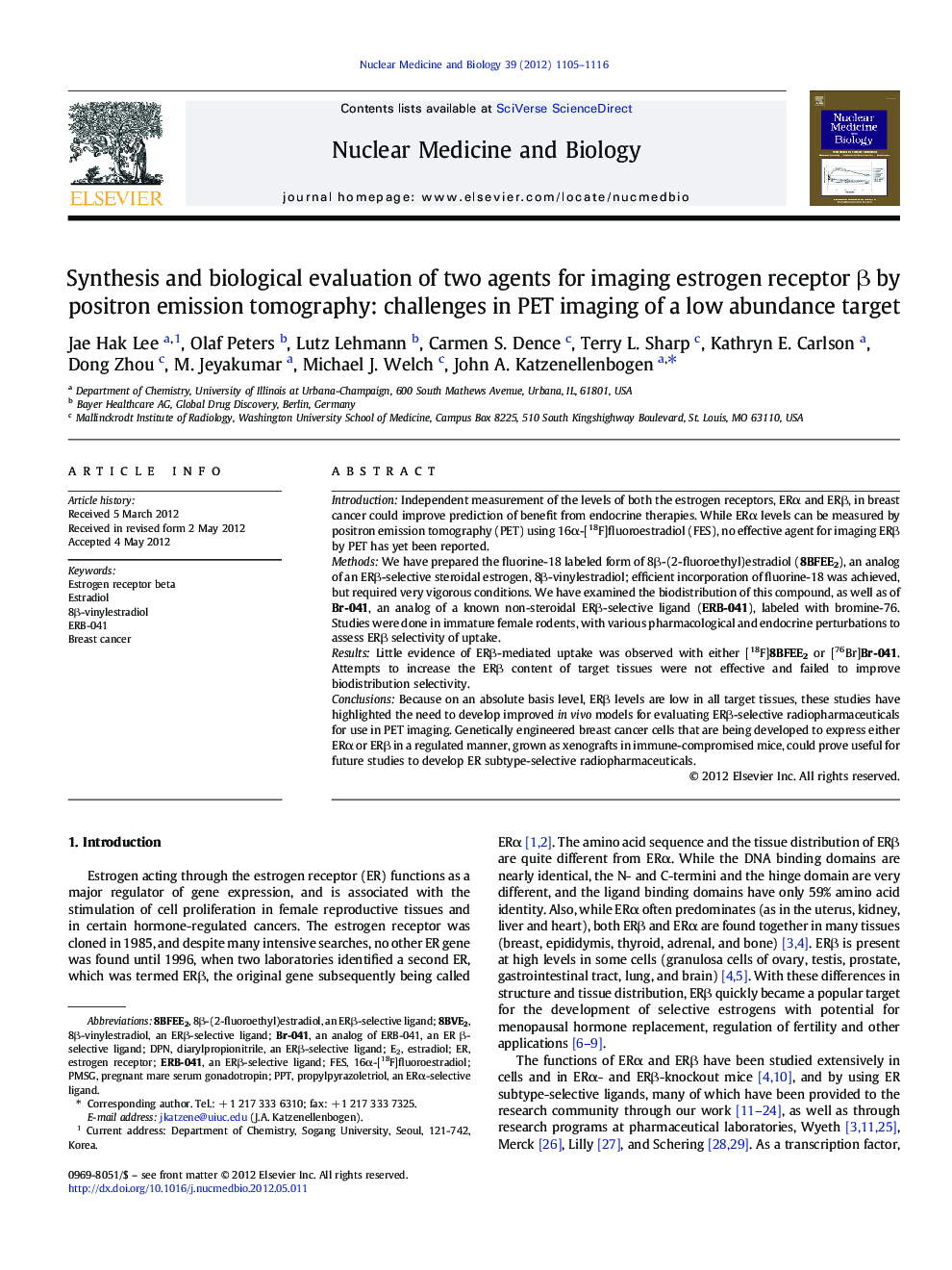 Synthesis and biological evaluation of two agents for imaging estrogen receptor β by positron emission tomography: challenges in PET imaging of a low abundance target