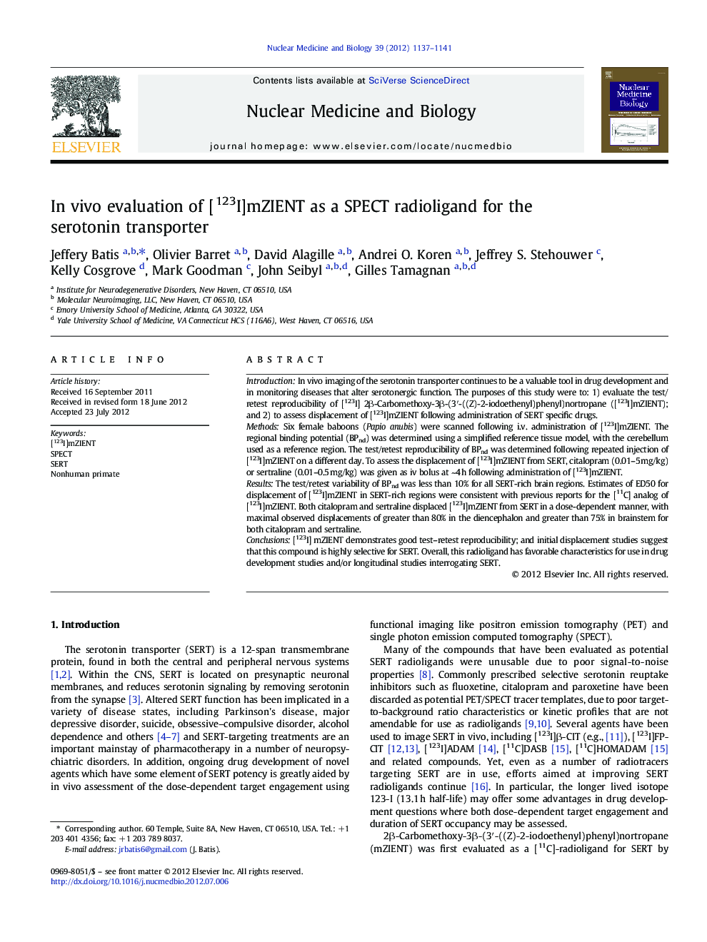 In vivo evaluation of [123I]mZIENT as a SPECT radioligand for the serotonin transporter
