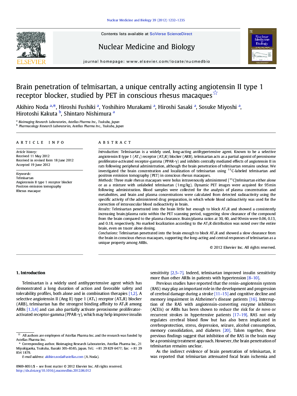 Brain penetration of telmisartan, a unique centrally acting angiotensin II type 1 receptor blocker, studied by PET in conscious rhesus macaques 