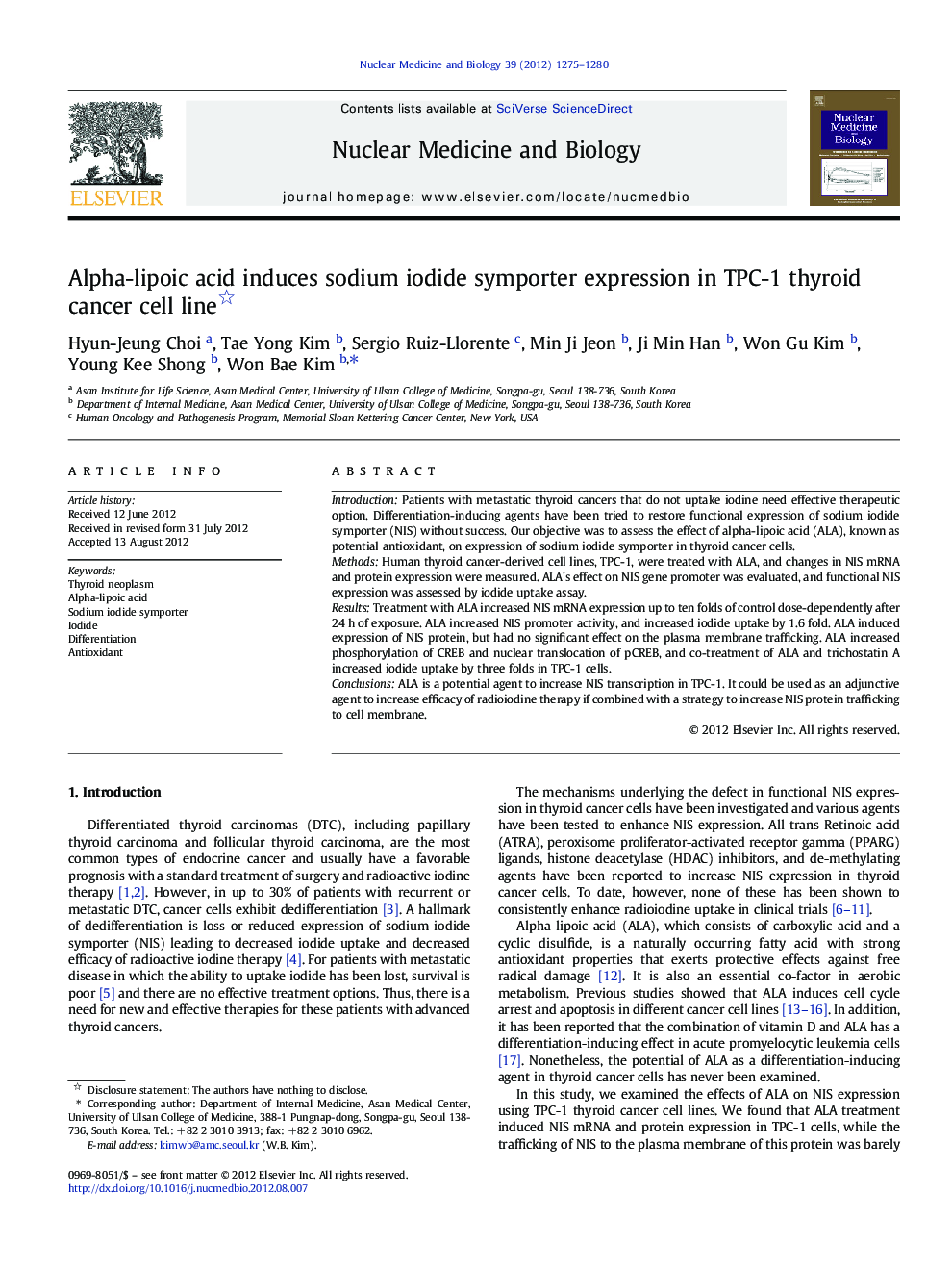 Alpha-lipoic acid induces sodium iodide symporter expression in TPC-1 thyroid cancer cell line 