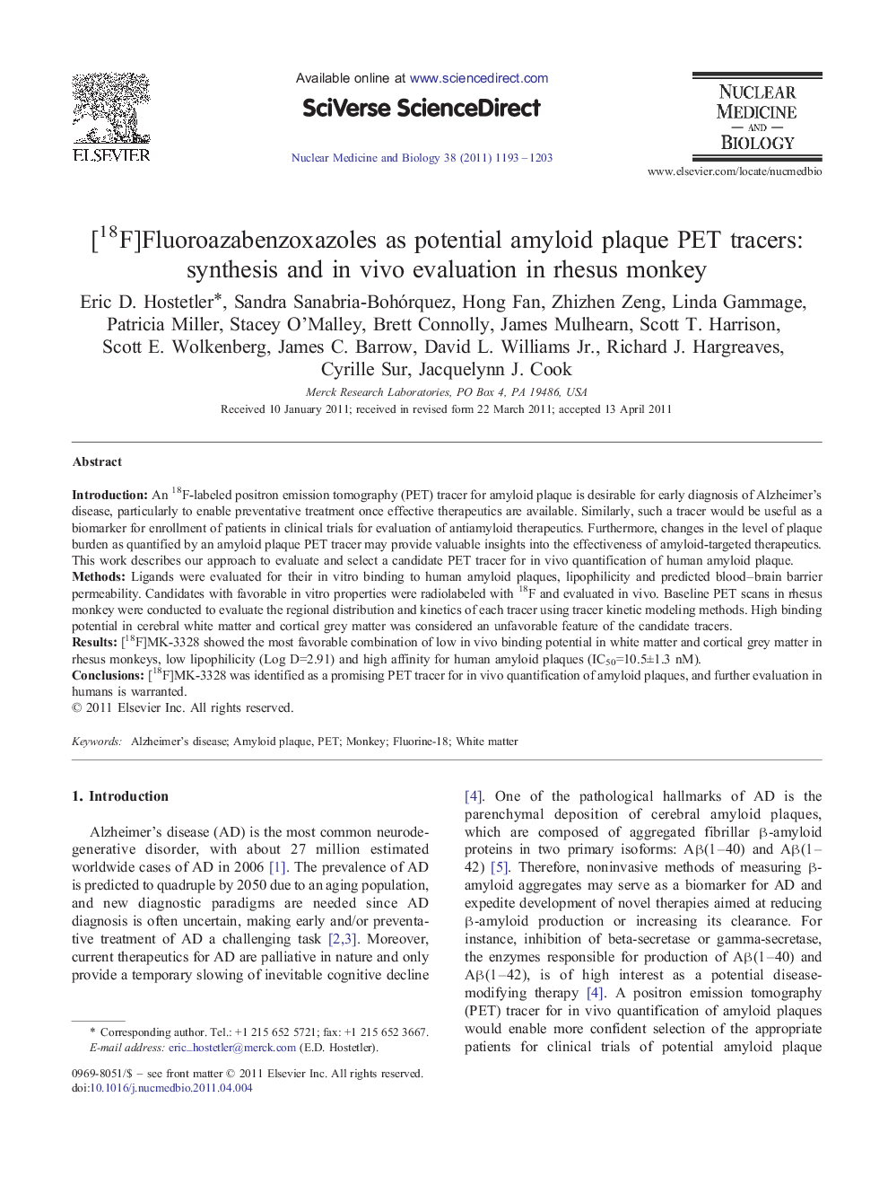 [18F]Fluoroazabenzoxazoles as potential amyloid plaque PET tracers: synthesis and in vivo evaluation in rhesus monkey