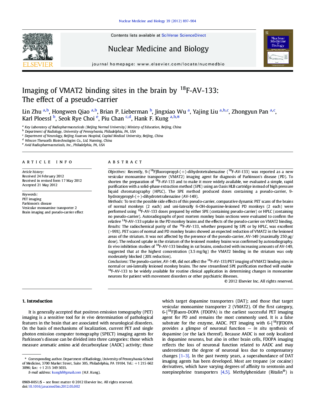 Imaging of VMAT2 binding sites in the brain by 18F-AV-133: The effect of a pseudo-carrier