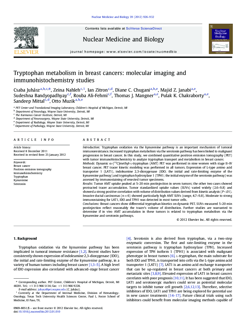 عکس صفحه اول مقاله: Tryptophan metabolism in breast cancers: molecular imaging and immunohistochemistry studies Tryptophan metabolism in breast cancers: molecular imaging and immunohistochemistry studies