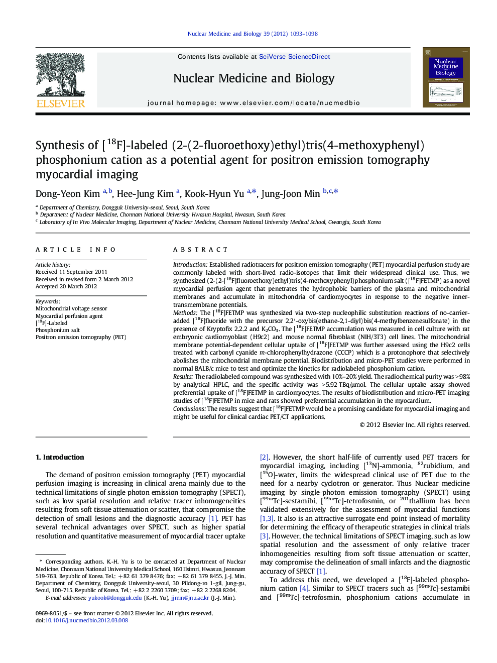 Synthesis of [18F]-labeled (2-(2-fluoroethoxy)ethyl)tris(4-methoxyphenyl)phosphonium cation as a potential agent for positron emission tomography myocardial imaging