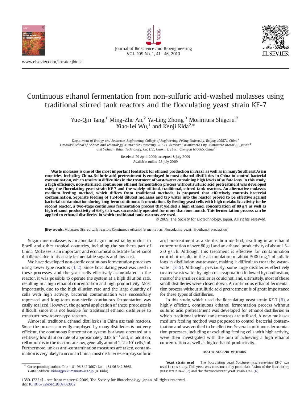 Continuous ethanol fermentation from non-sulfuric acid-washed molasses using traditional stirred tank reactors and the flocculating yeast strain KF-7