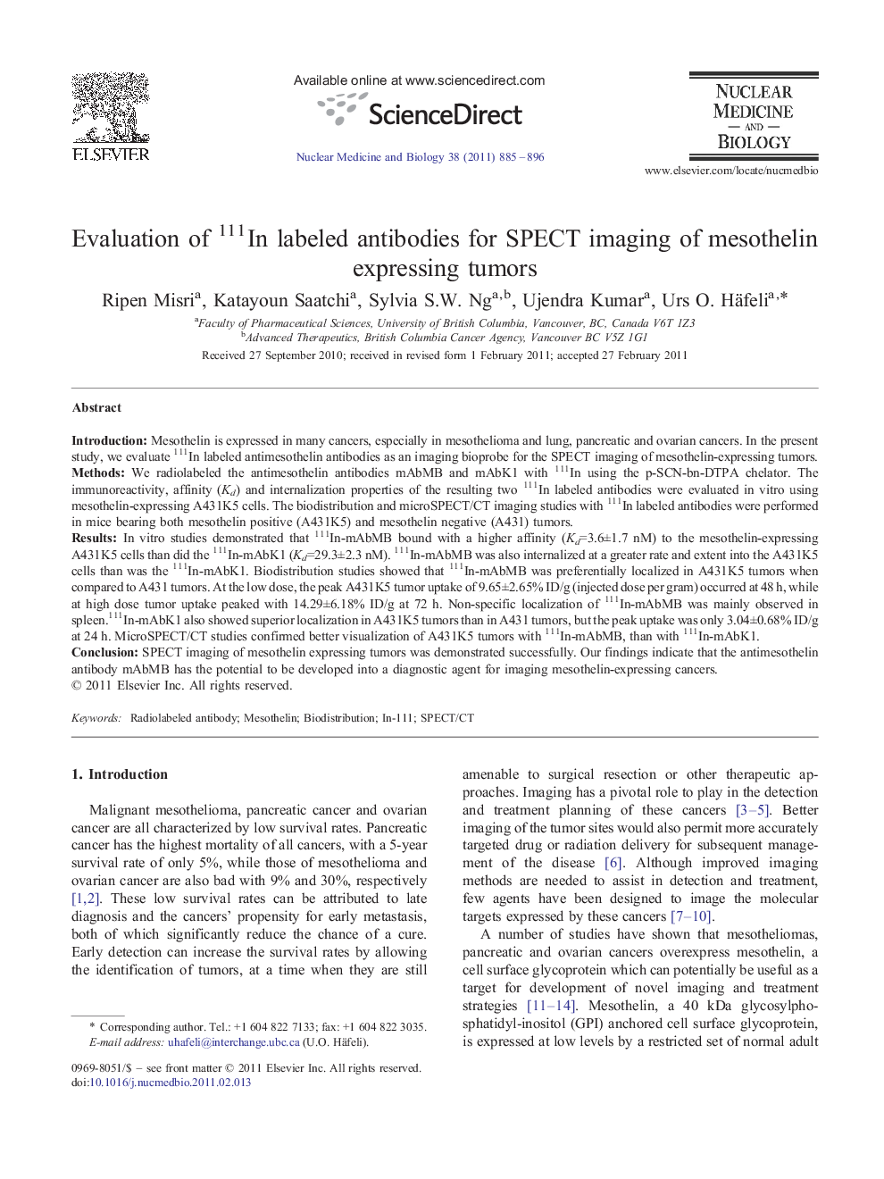 Evaluation of 111In labeled antibodies for SPECT imaging of mesothelin expressing tumors