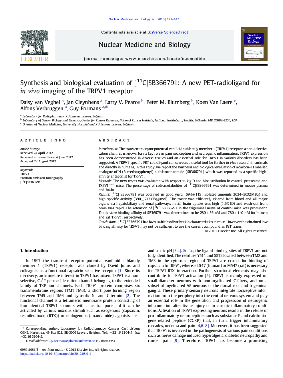 Synthesis and biological evaluation of [11C]SB366791: A new PET-radioligand for in vivo imaging of the TRPV1 receptor