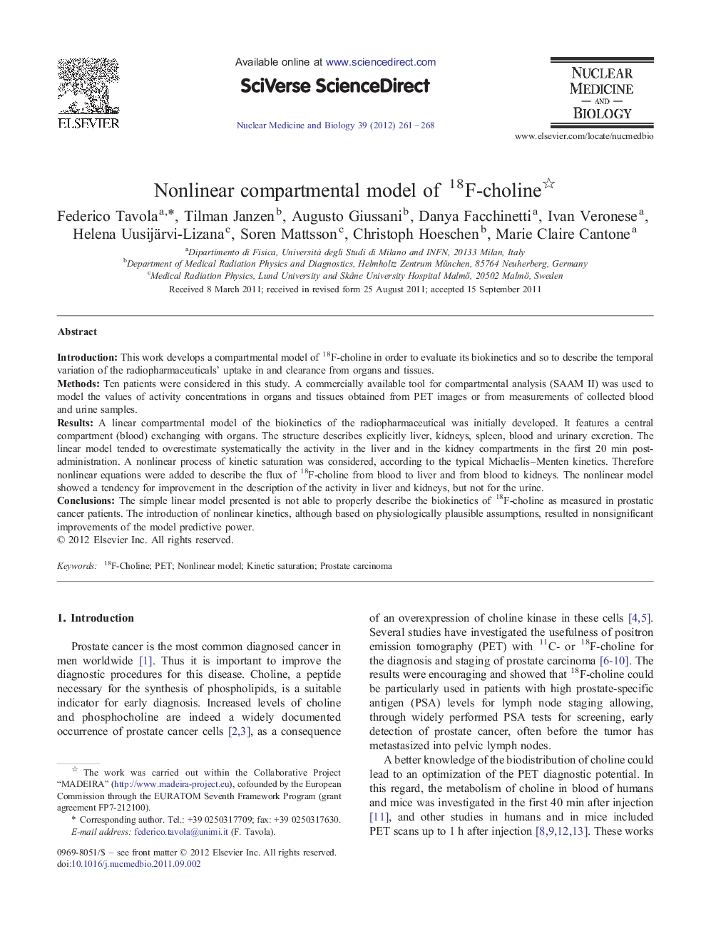 Nonlinear compartmental model of 18F-choline 