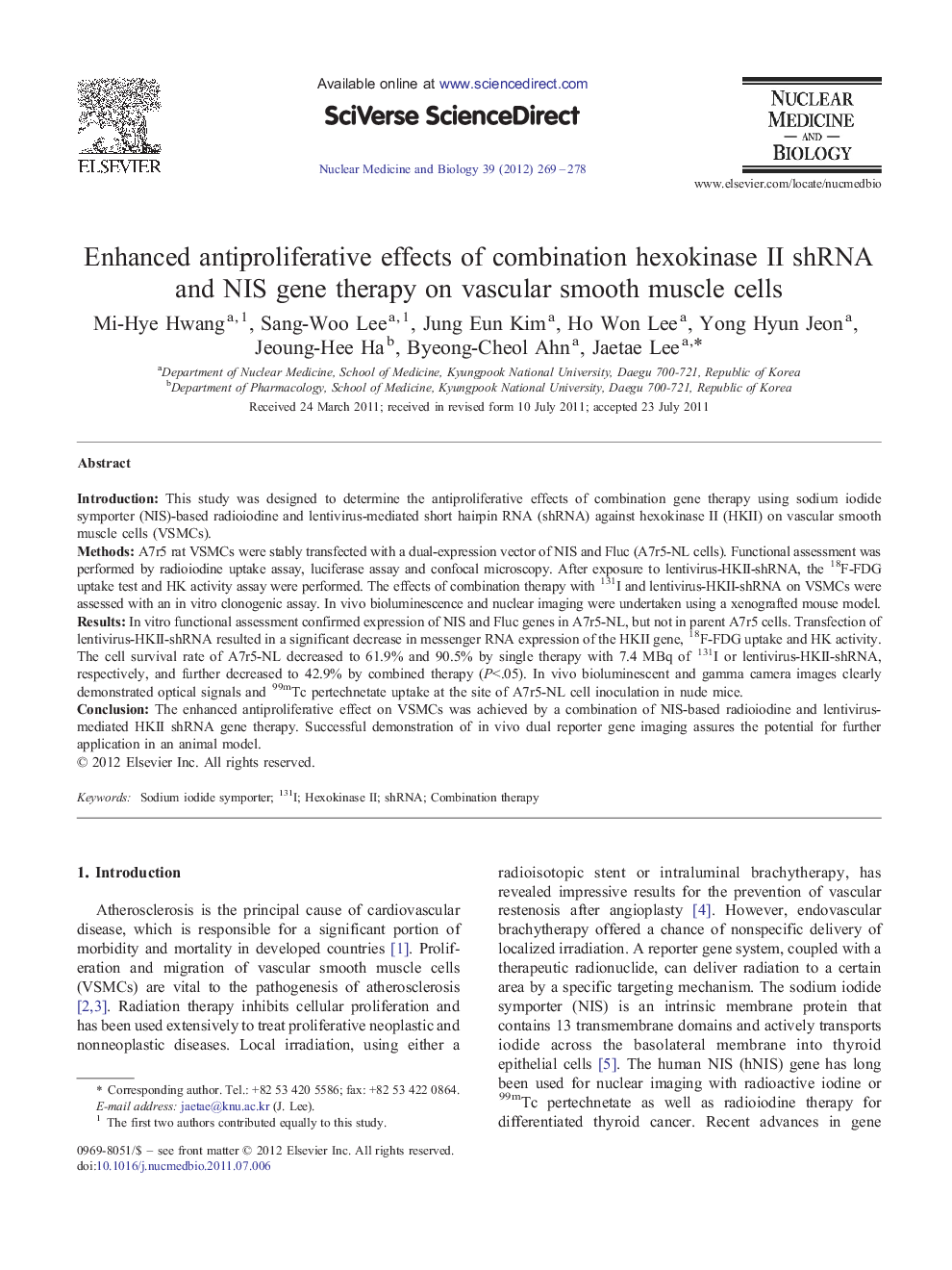 Enhanced antiproliferative effects of combination hexokinase II shRNA and NIS gene therapy on vascular smooth muscle cells