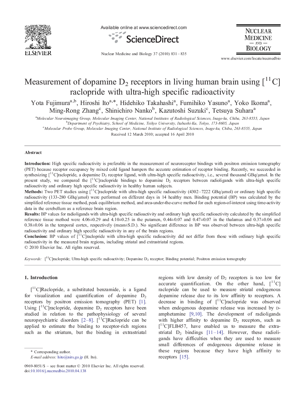 Measurement of dopamine D2 receptors in living human brain using [11C]raclopride with ultra-high specific radioactivity