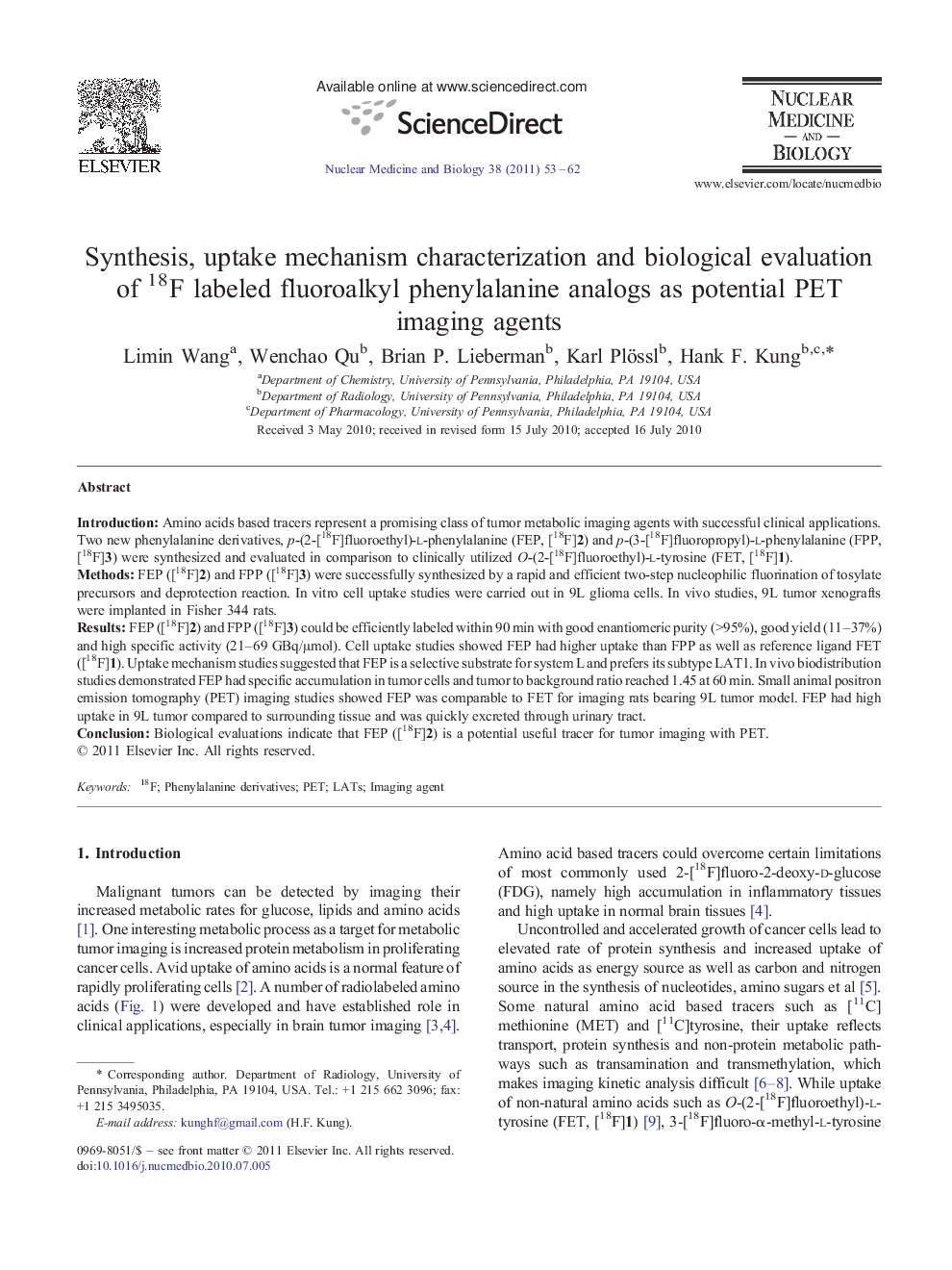 Synthesis, uptake mechanism characterization and biological evaluation of 18F labeled fluoroalkyl phenylalanine analogs as potential PET imaging agents