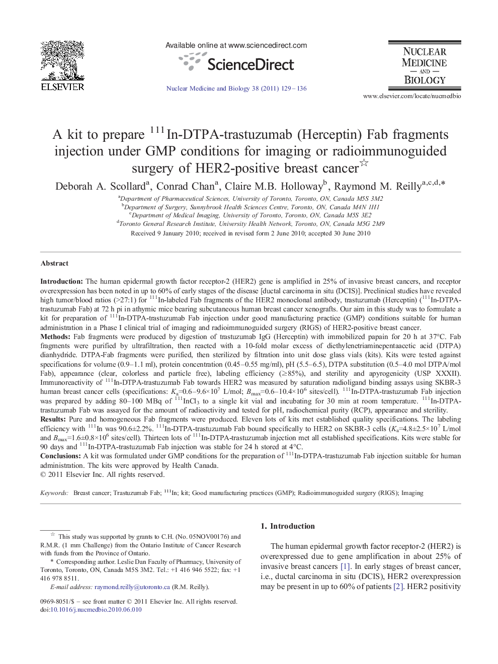 A kit to prepare 111In-DTPA-trastuzumab (Herceptin) Fab fragments injection under GMP conditions for imaging or radioimmunoguided surgery of HER2-positive breast cancer 