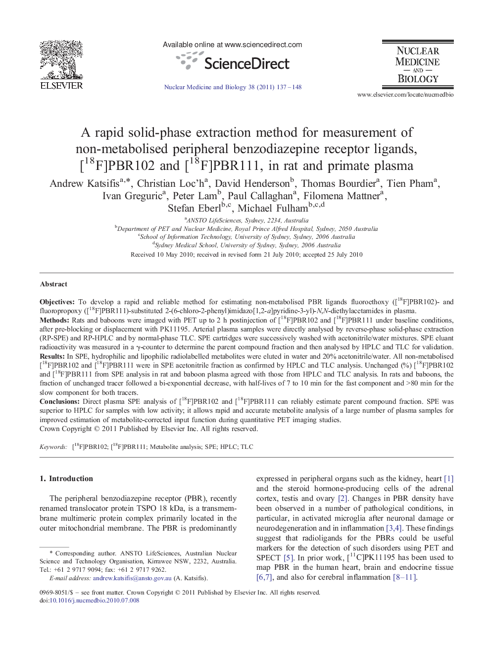 A rapid solid-phase extraction method for measurement of non-metabolised peripheral benzodiazepine receptor ligands, [18F]PBR102 and [18F]PBR111, in rat and primate plasma