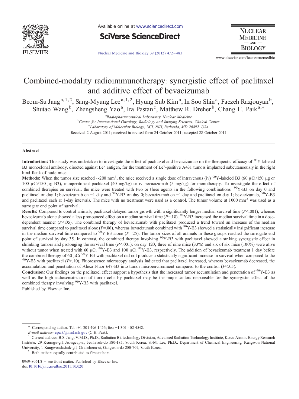 Combined-modality radioimmunotherapy: synergistic effect of paclitaxel and additive effect of bevacizumab