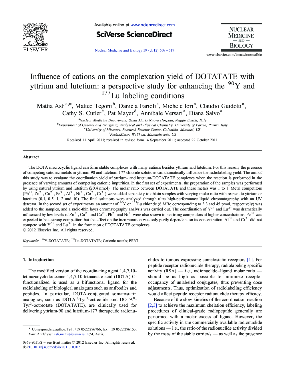 Influence of cations on the complexation yield of DOTATATE with yttrium and lutetium: a perspective study for enhancing the 90Y and 177Lu labeling conditions