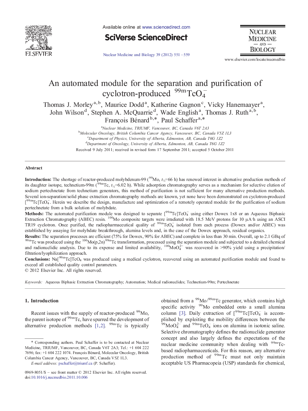 An automated module for the separation and purification of cyclotron-produced 99mTcO4−