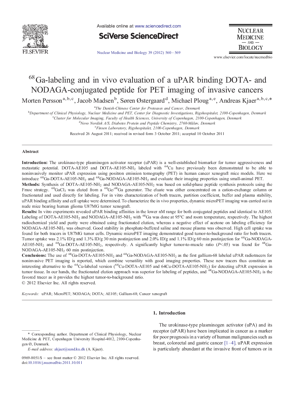 68Ga-labeling and in vivo evaluation of a uPAR binding DOTA- and NODAGA-conjugated peptide for PET imaging of invasive cancers