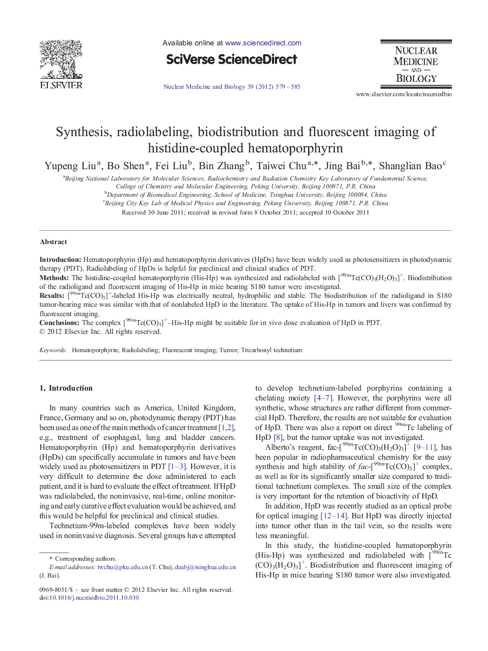 Synthesis, radiolabeling, biodistribution and fluorescent imaging of histidine-coupled hematoporphyrin