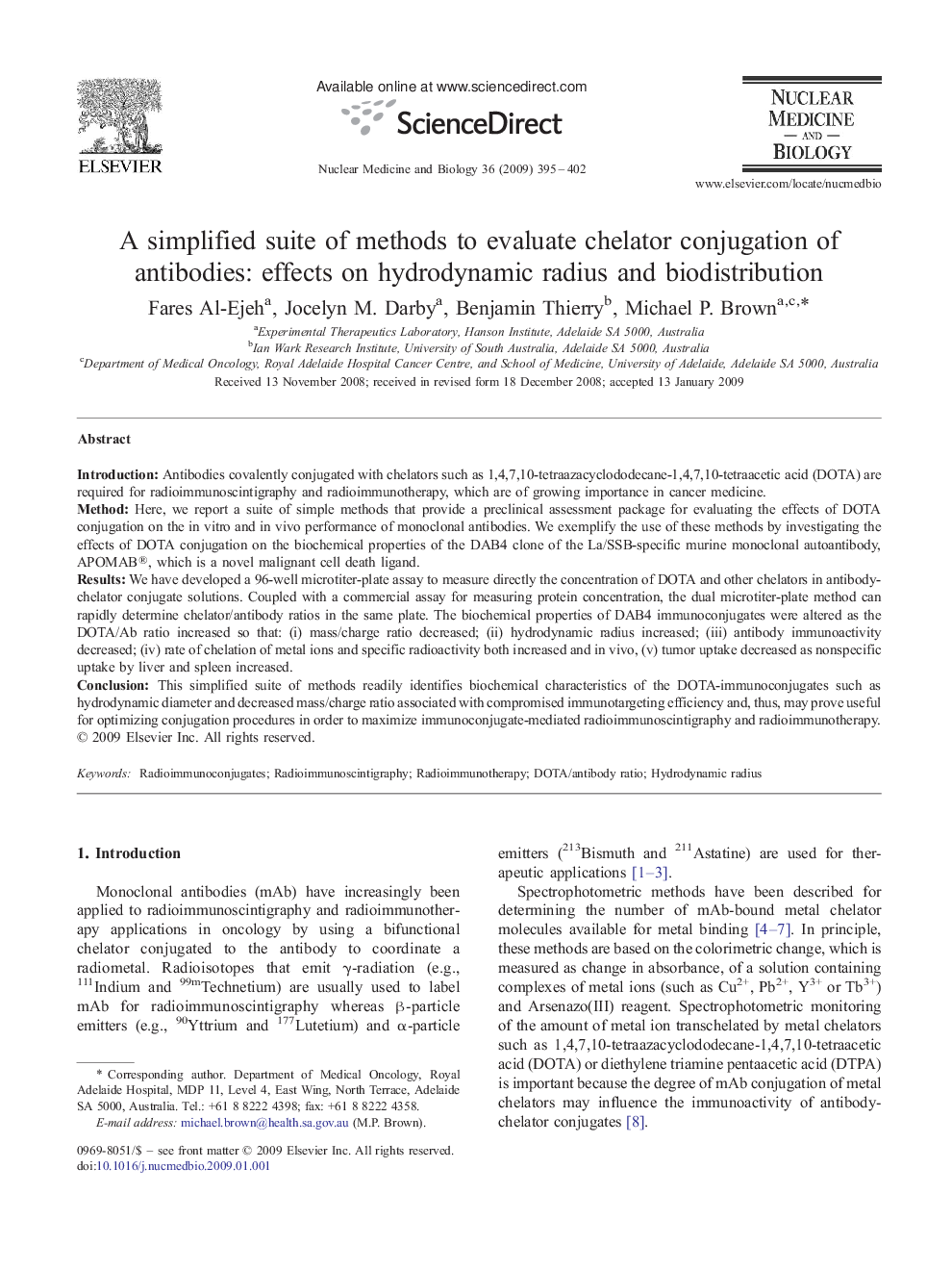 A simplified suite of methods to evaluate chelator conjugation of antibodies: effects on hydrodynamic radius and biodistribution