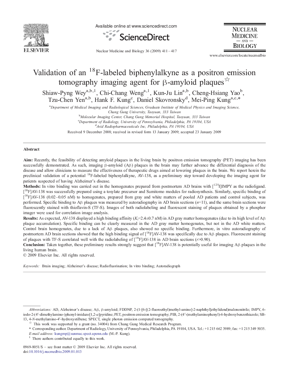 Validation of an 18F-labeled biphenylalkyne as a positron emission tomography imaging agent for β-amyloid plaques 
