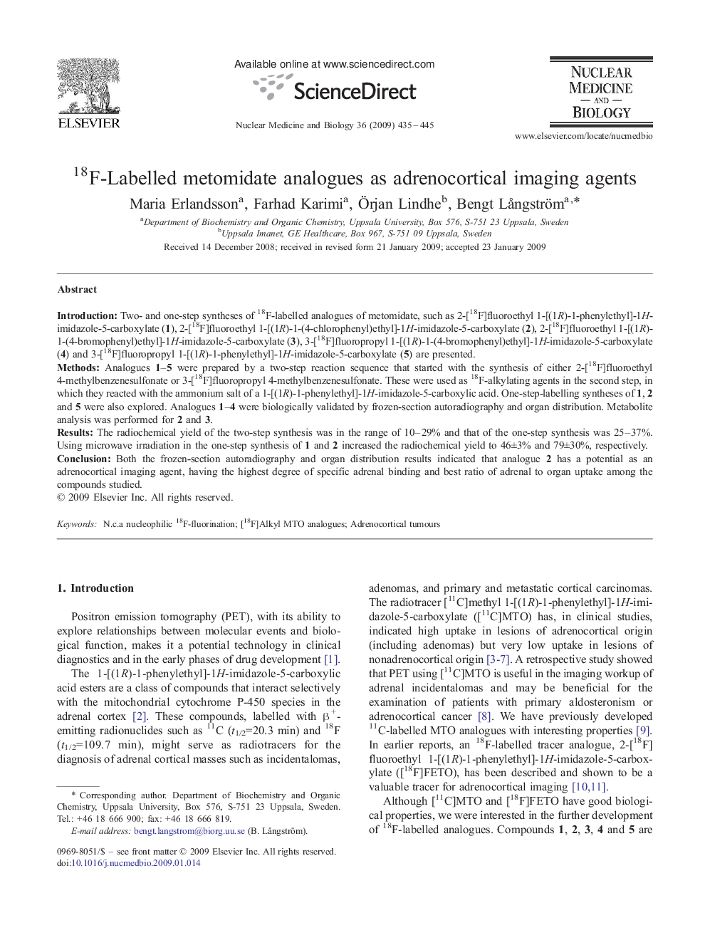 عکس صفحه اول مقاله: 18F-Labelled metomidate analogues as adrenocortical imaging agents 18F-Labelled metomidate analogues as adrenocortical imaging agents