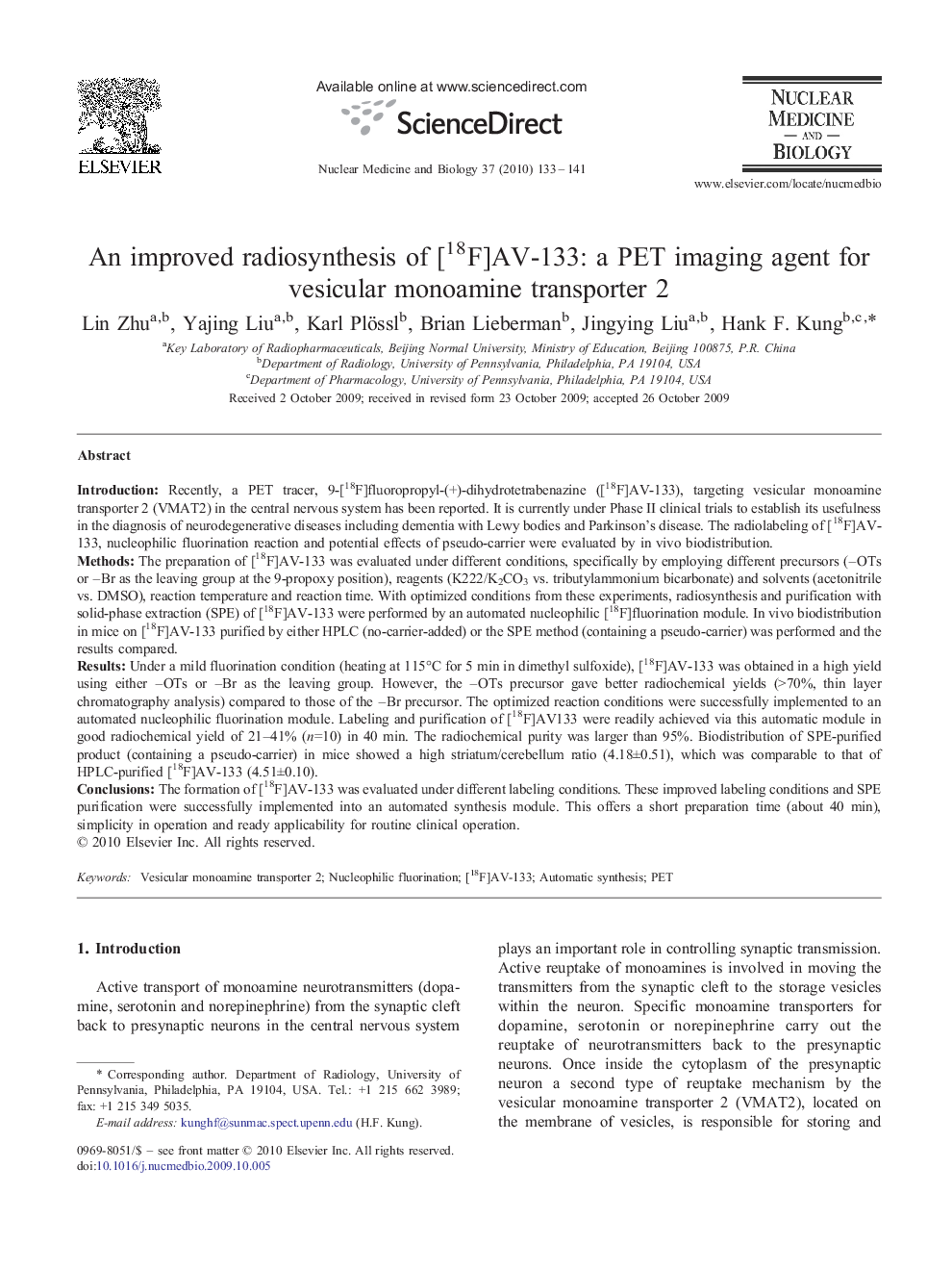 An improved radiosynthesis of [18F]AV-133: a PET imaging agent for vesicular monoamine transporter 2