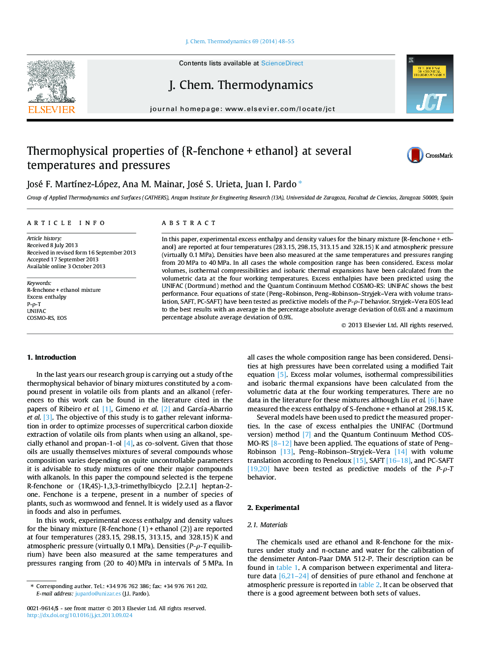 Thermophysical properties of {R-fenchone + ethanol} at several temperatures and pressures