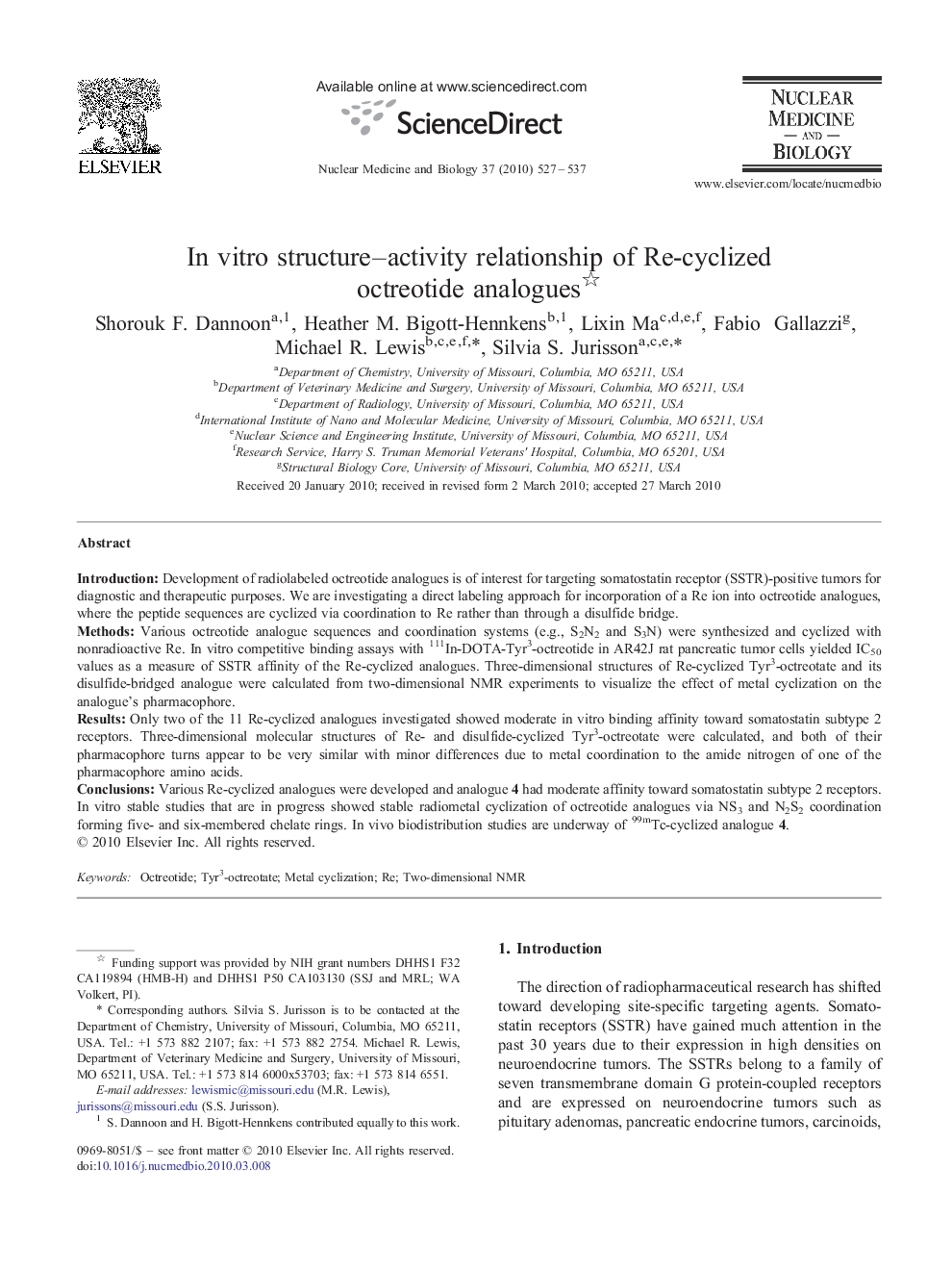 In vitro structure–activity relationship of Re-cyclized octreotide analogues 