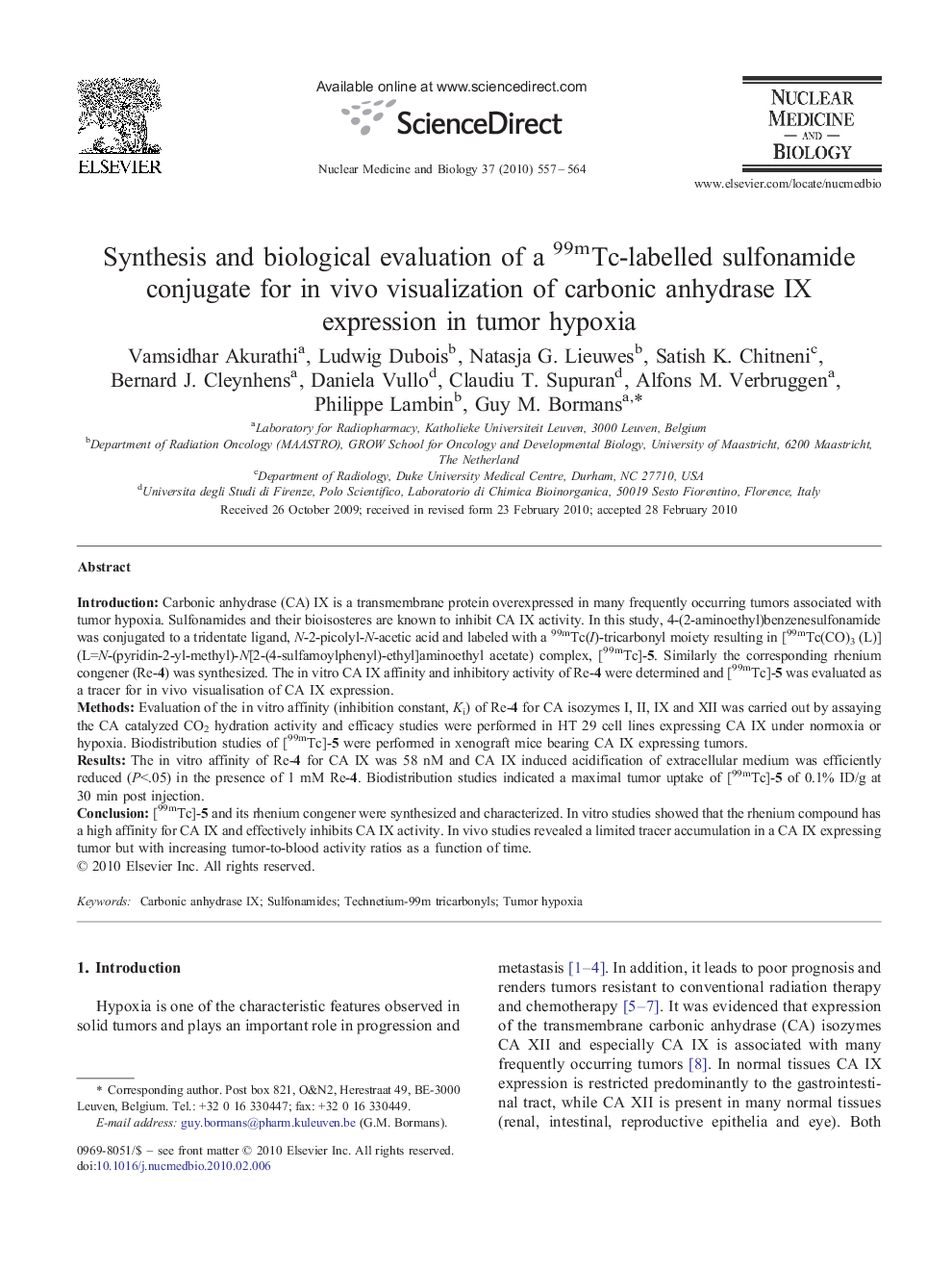 Synthesis and biological evaluation of a 99mTc-labelled sulfonamide conjugate for in vivo visualization of carbonic anhydrase IX expression in tumor hypoxia