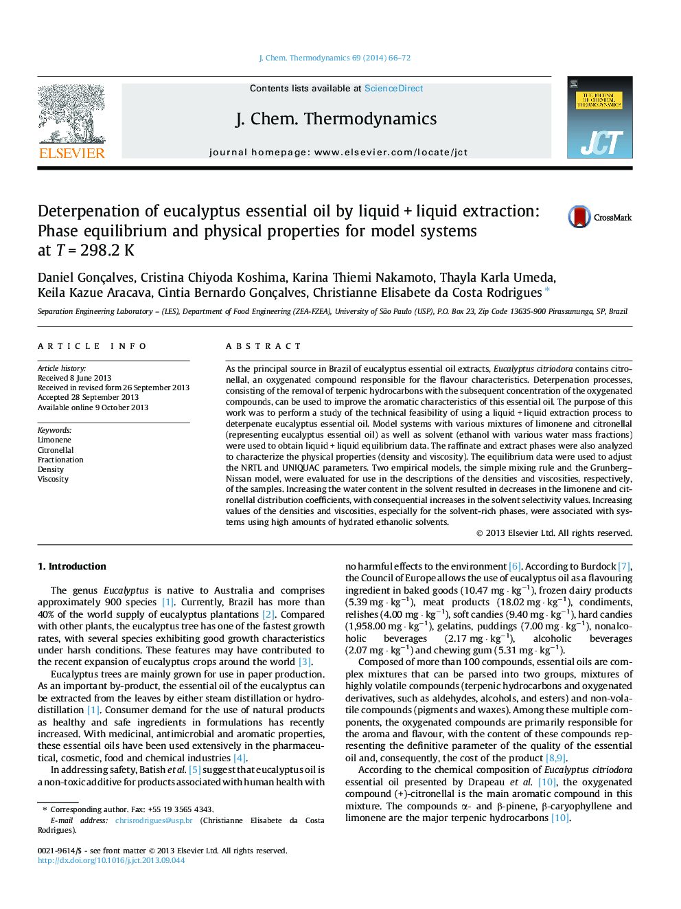 Deterpenation of eucalyptus essential oil by liquid + liquid extraction: Phase equilibrium and physical properties for model systems at T = 298.2 K