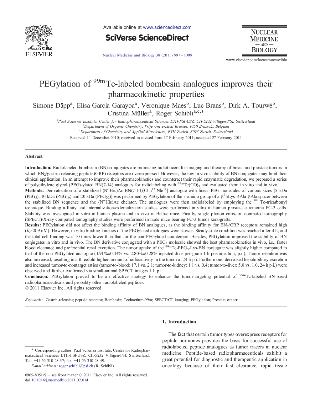 PEGylation of 99mTc-labeled bombesin analogues improves their pharmacokinetic properties