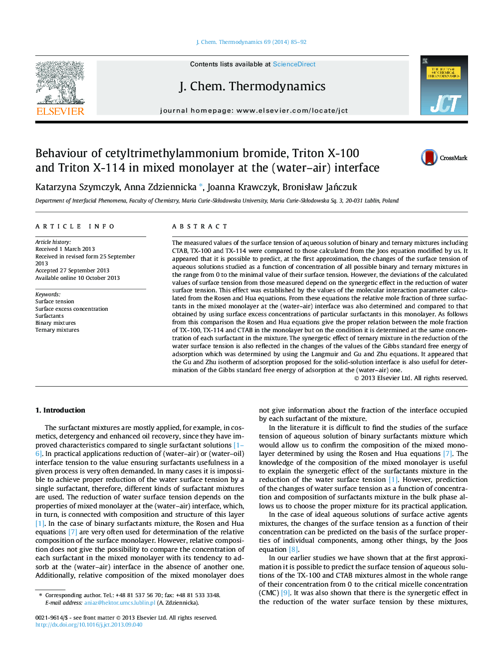 Behaviour of cetyltrimethylammonium bromide, Triton X-100 and Triton X-114 in mixed monolayer at the (water–air) interface