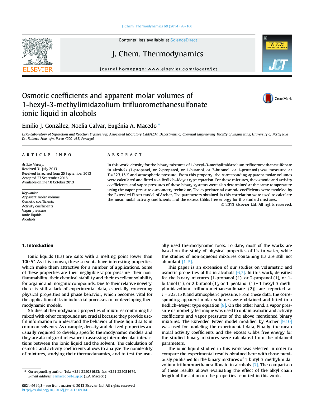 Osmotic coefficients and apparent molar volumes of 1-hexyl-3-methylimidazolium trifluoromethanesulfonate ionic liquid in alcohols