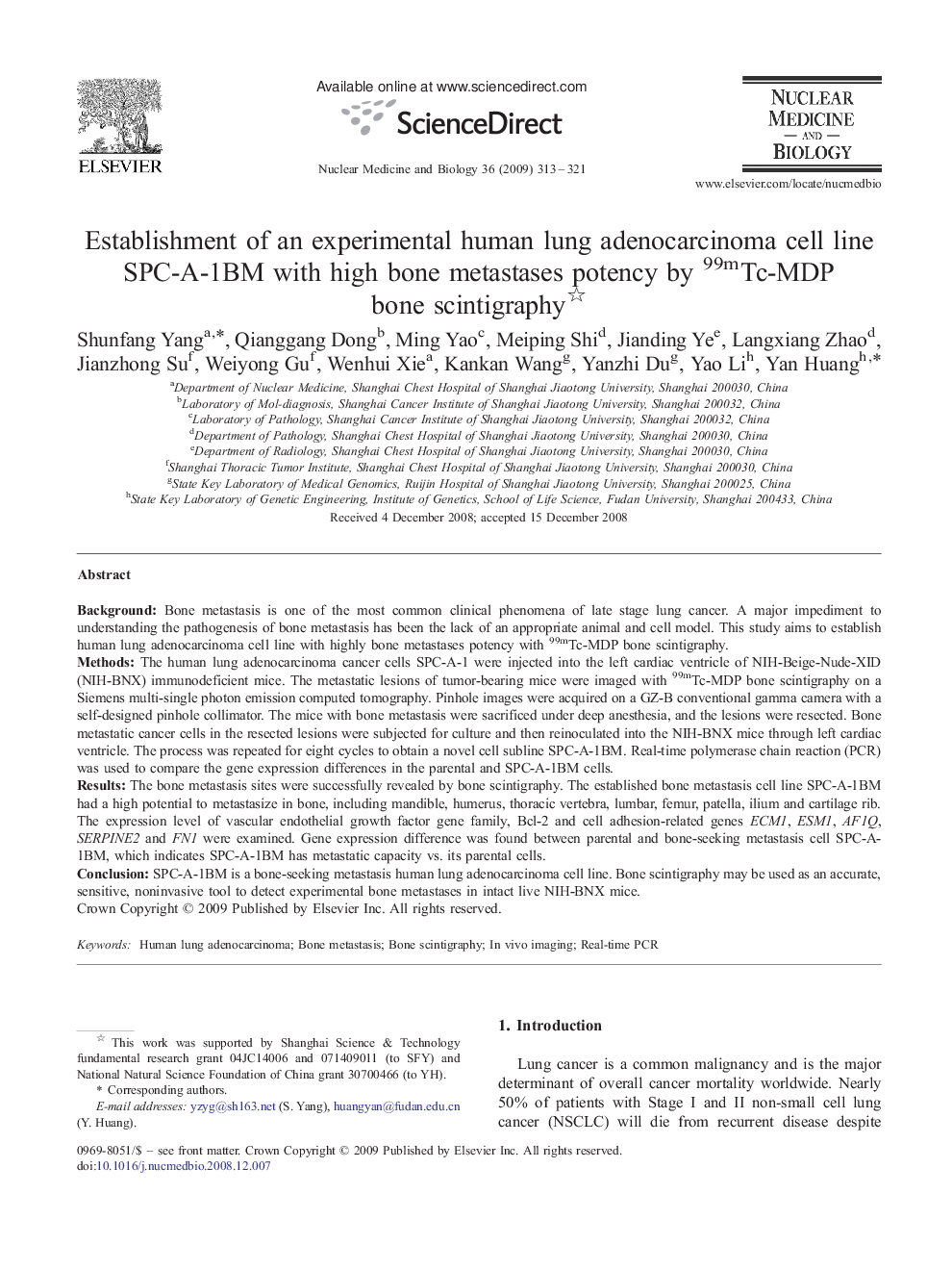 Establishment of an experimental human lung adenocarcinoma cell line SPC-A-1BM with high bone metastases potency by 99mTc-MDP bone scintigraphy 