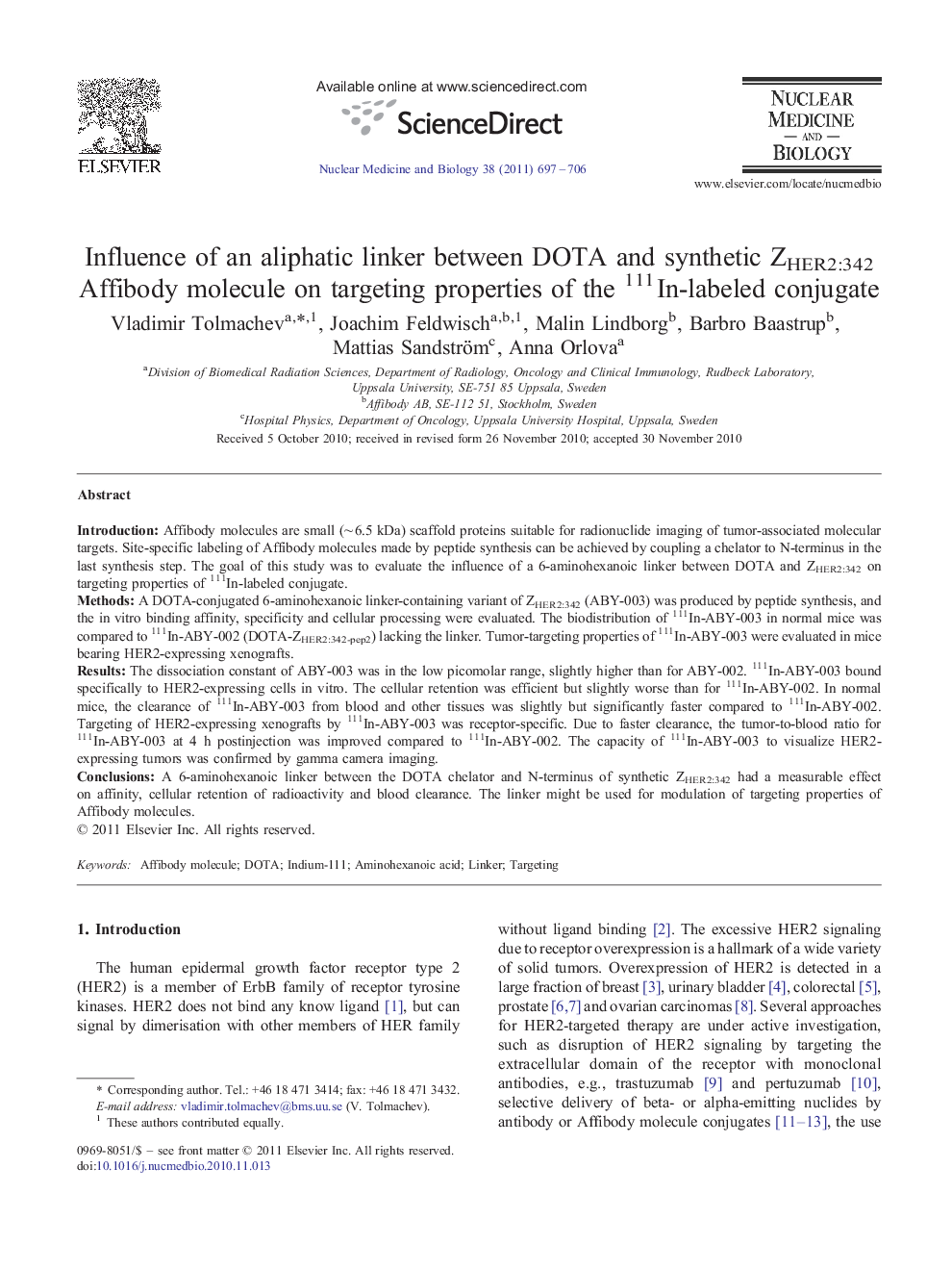 Influence of an aliphatic linker between DOTA and synthetic ZHER2:342 Affibody molecule on targeting properties of the 111In-labeled conjugate