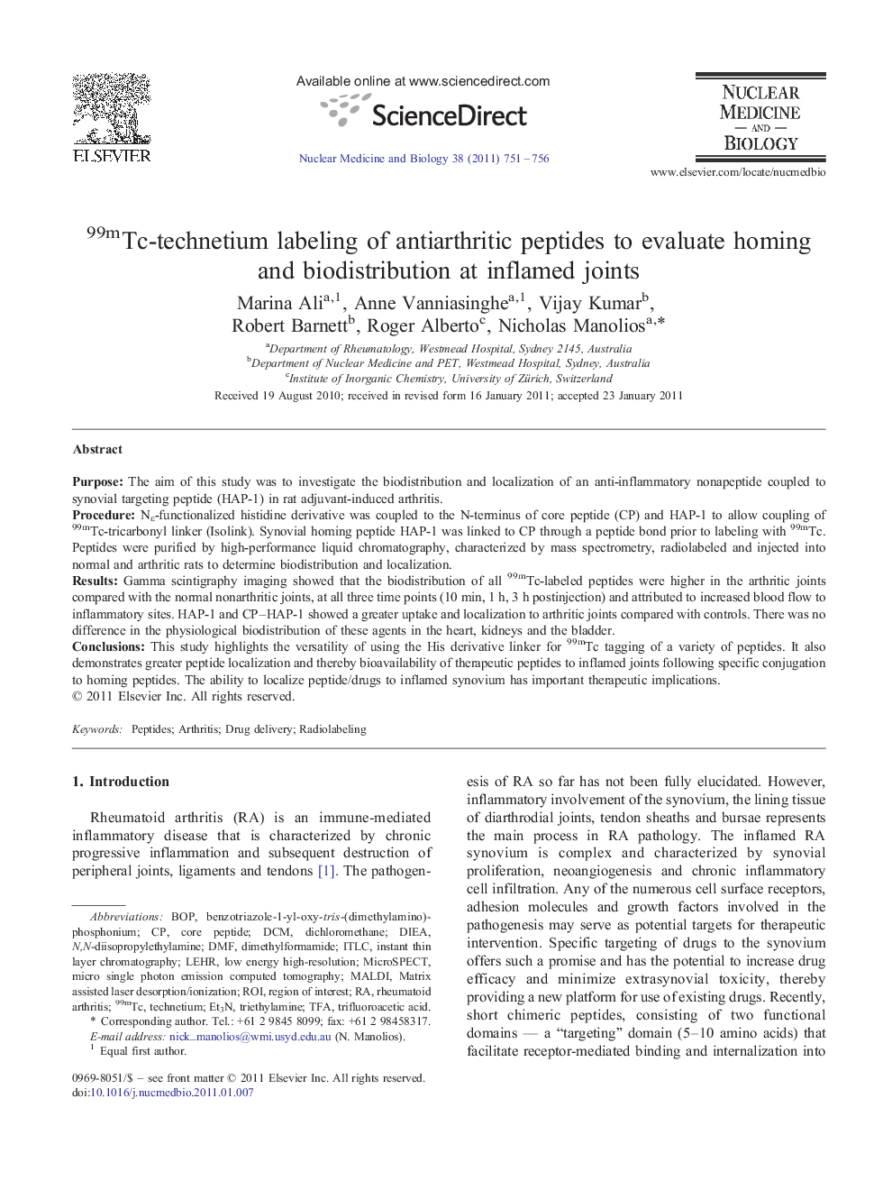 99mTc-technetium labeling of antiarthritic peptides to evaluate homing and biodistribution at inflamed joints