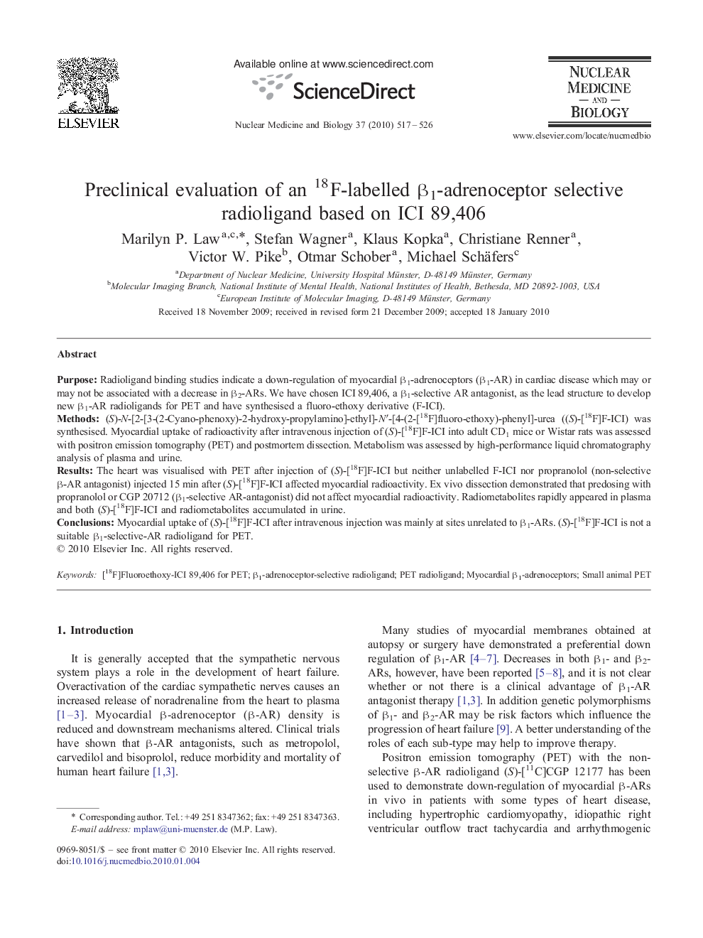 Preclinical evaluation of an 18F-labelled β1-adrenoceptor selective radioligand based on ICI 89,406