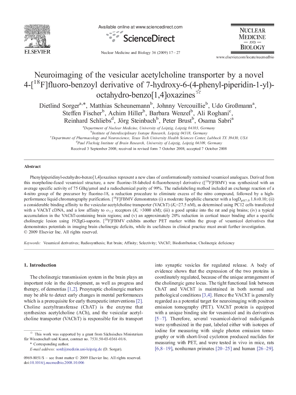 Neuroimaging of the vesicular acetylcholine transporter by a novel 4-[18F]fluoro-benzoyl derivative of 7-hydroxy-6-(4-phenyl-piperidin-1-yl)-octahydro-benzo[1,4]oxazines 