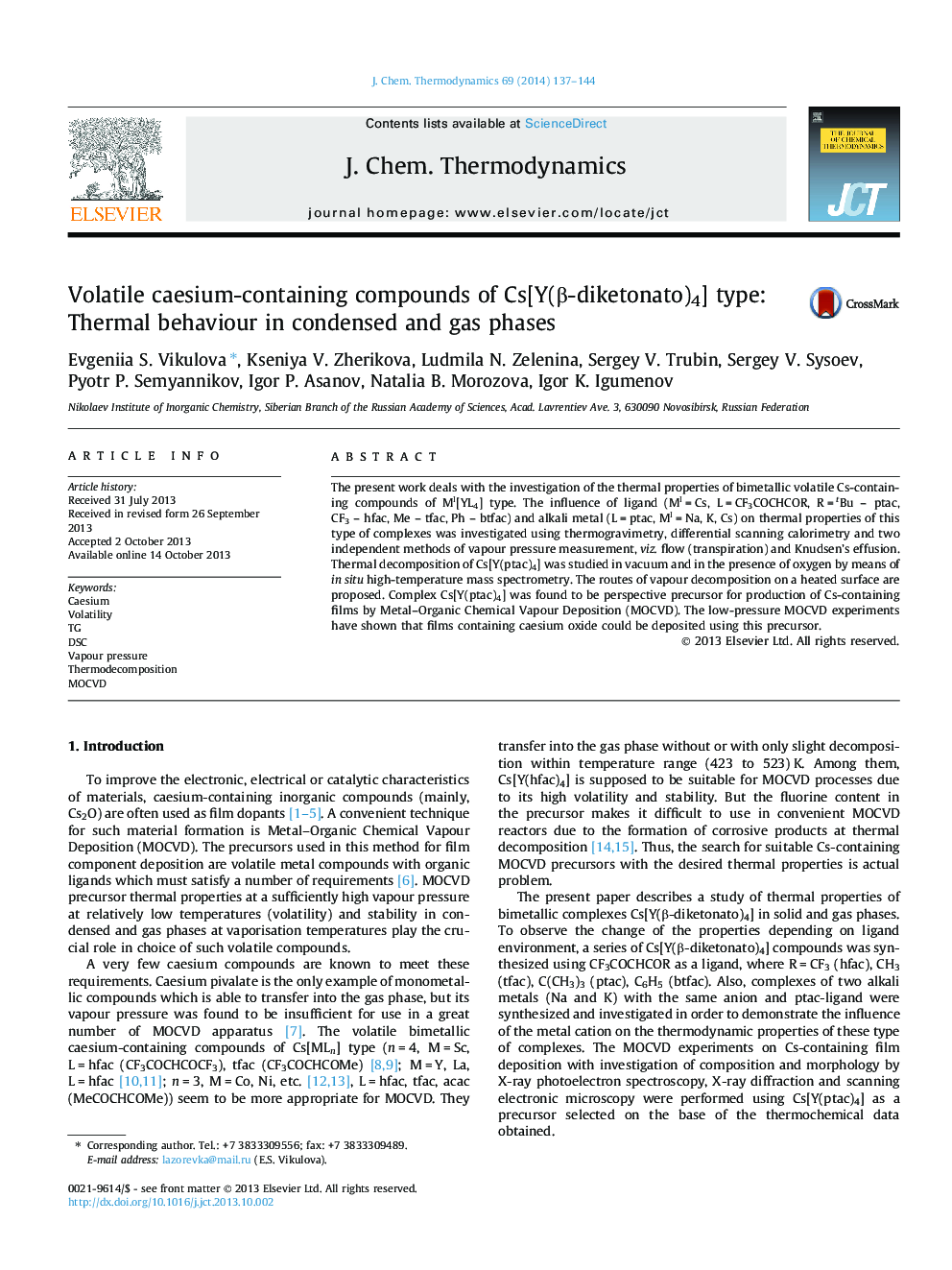 Volatile caesium-containing compounds of Cs[Y(β-diketonato)4] type: Thermal behaviour in condensed and gas phases