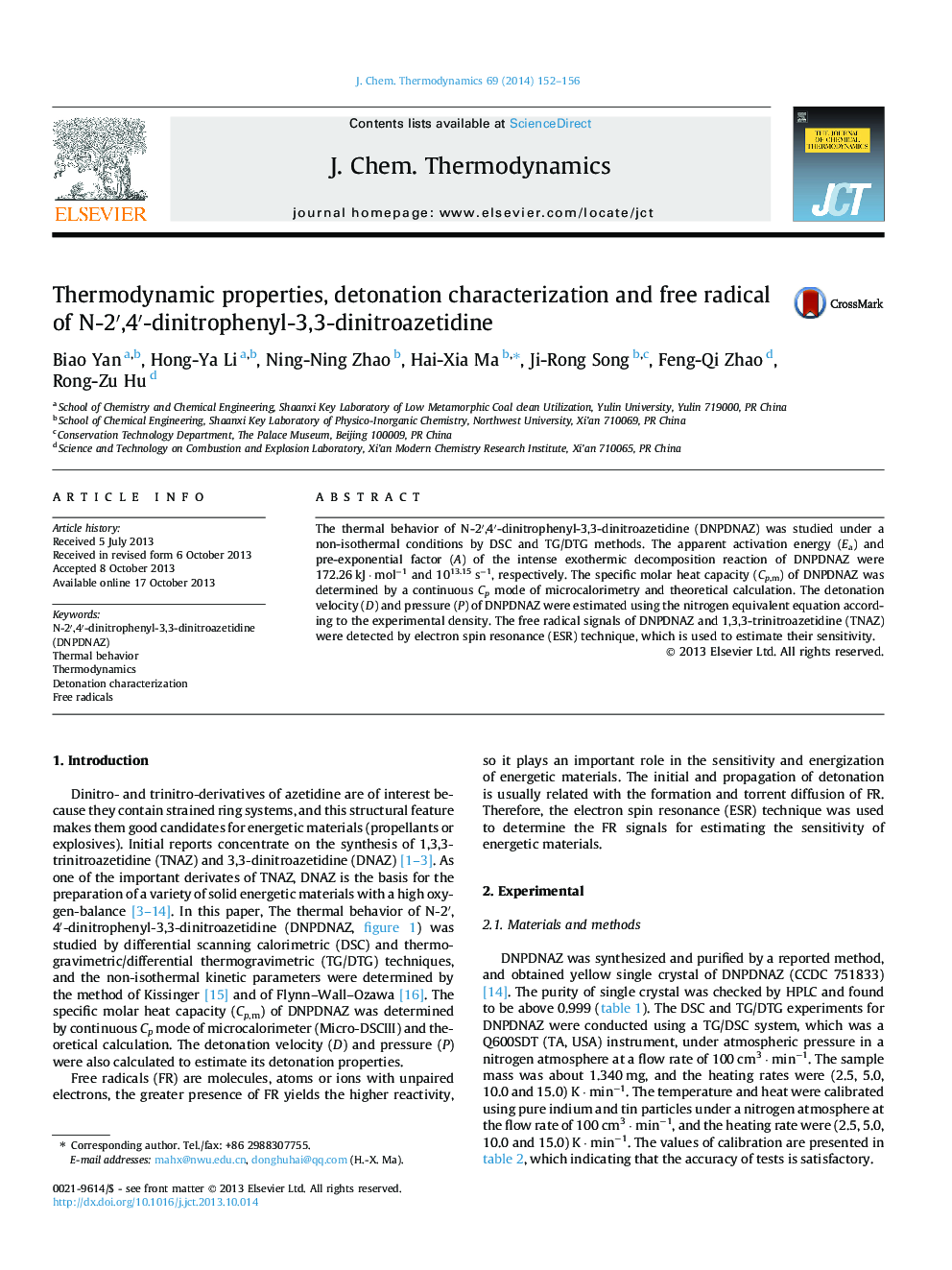 Thermodynamic properties, detonation characterization and free radical of N-2′,4′-dinitrophenyl-3,3-dinitroazetidine