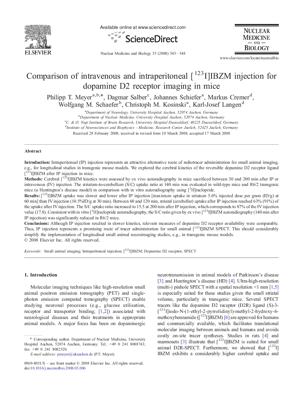 Comparison of intravenous and intraperitoneal [123I]IBZM injection for dopamine D2 receptor imaging in mice