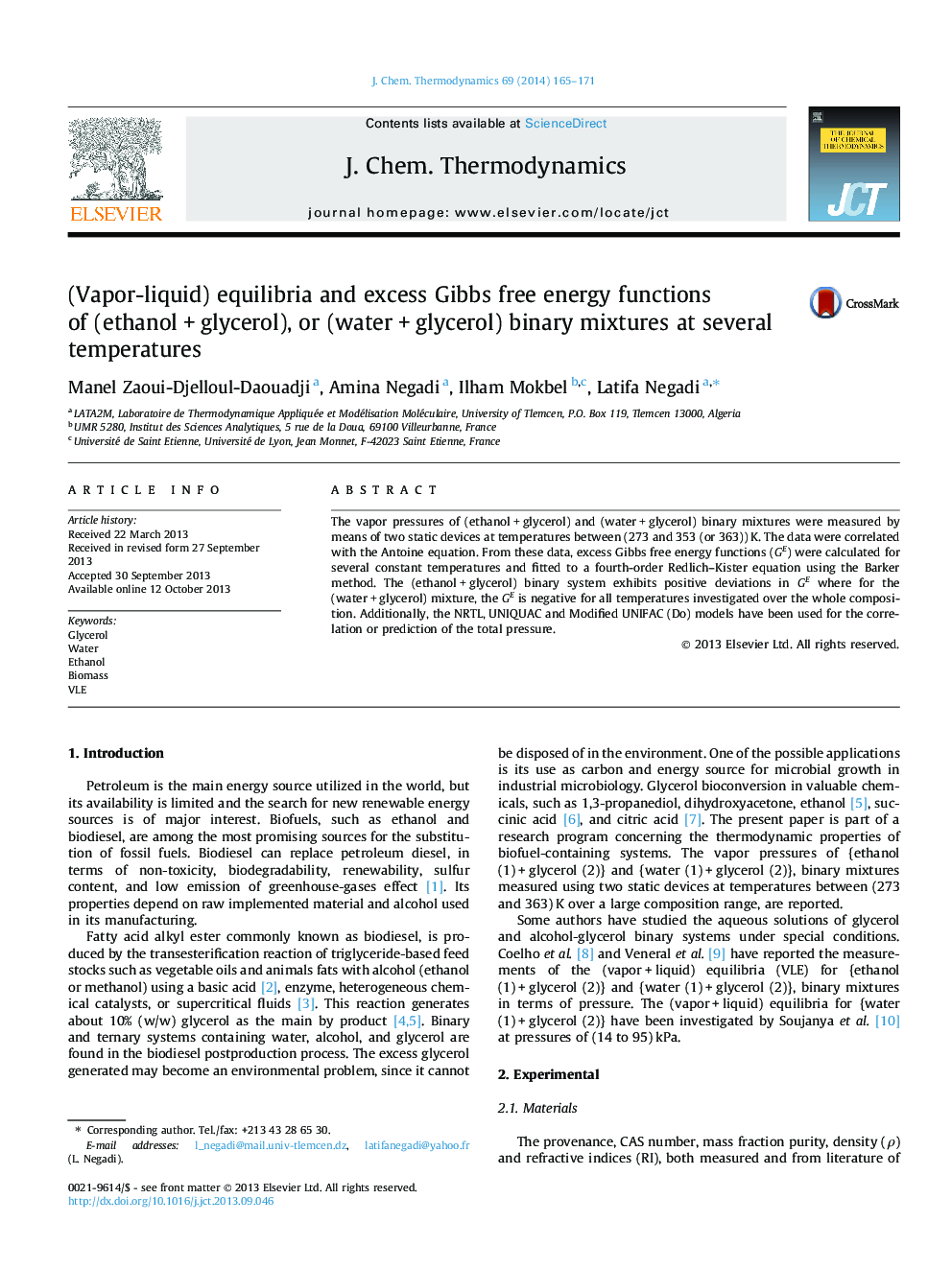(Vapor-liquid) equilibria and excess Gibbs free energy functions of (ethanol + glycerol), or (water + glycerol) binary mixtures at several temperatures